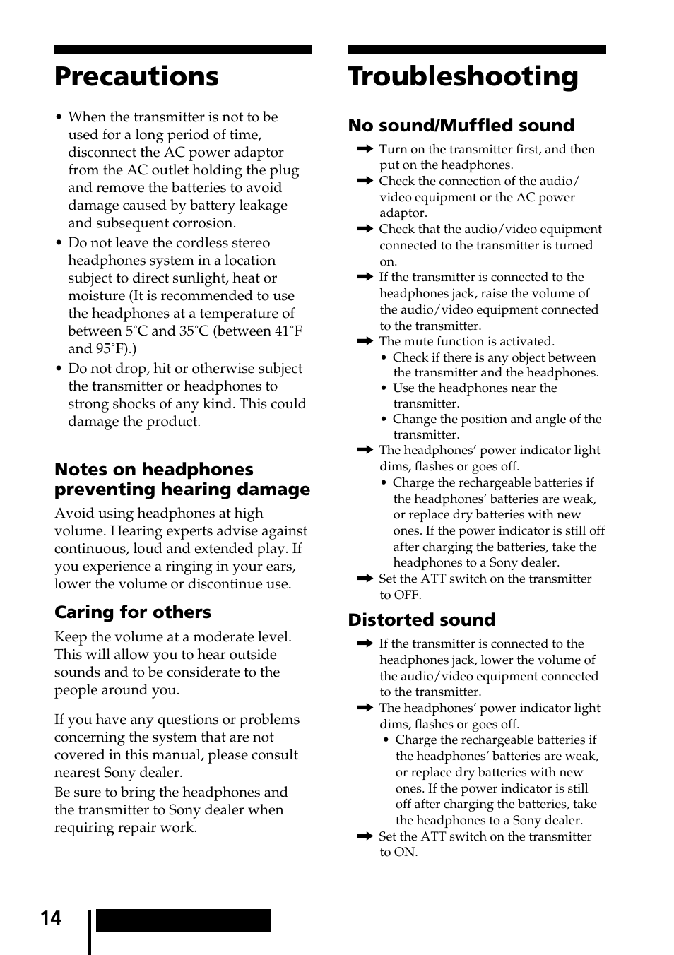Precautions, Troubleshooting, Precautions troubleshooting | No sound/muffled sound, Distorted sound, Caring for others | Sony MDR-IF540RK User Manual | Page 14 / 44