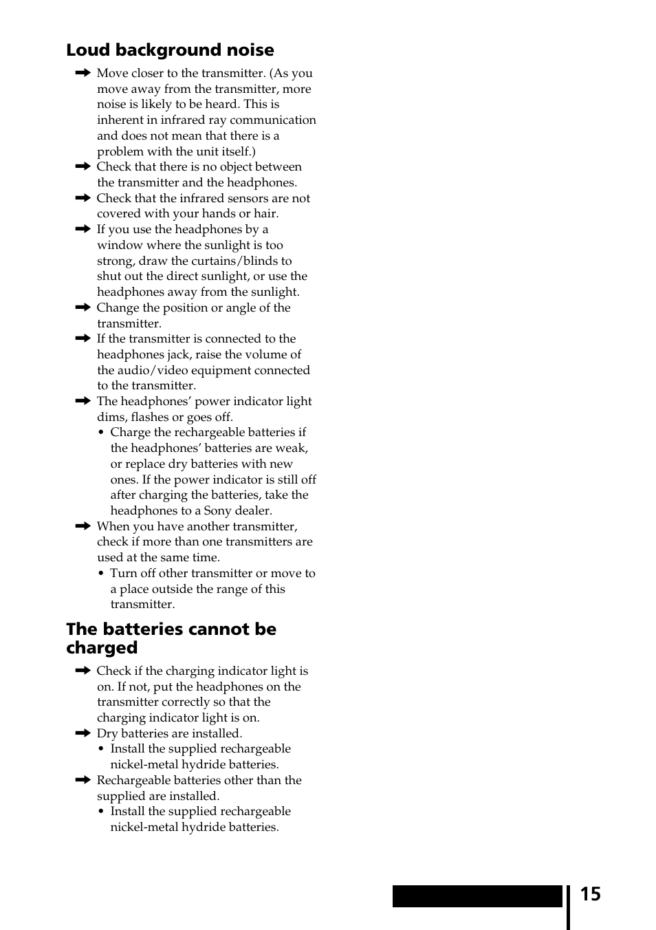 Loud background noise, The batteries cannot be charged | Sony MDR-IF540RK User Manual | Page 15 / 44