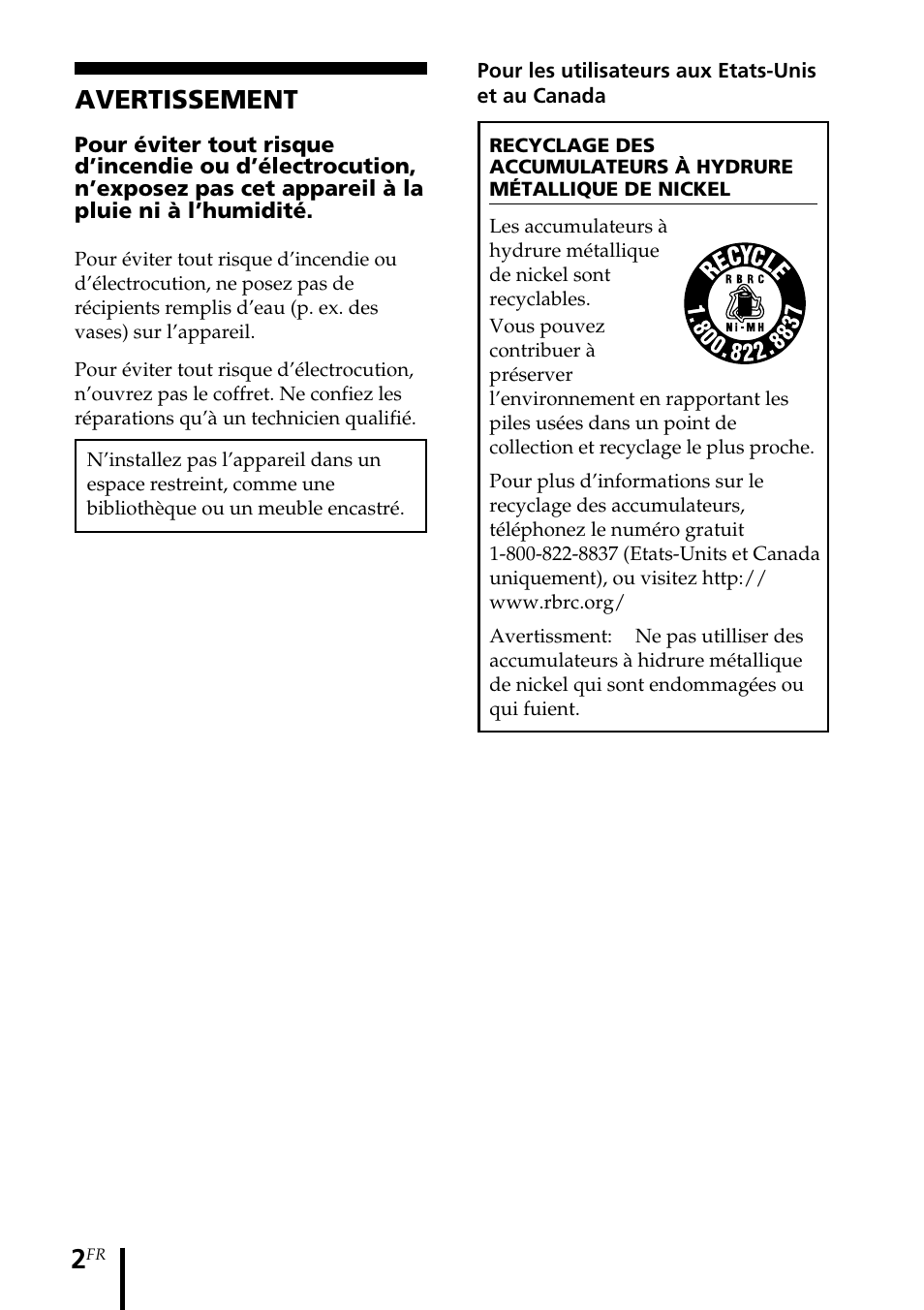 Avertissement | Sony MDR-IF540RK User Manual | Page 16 / 44