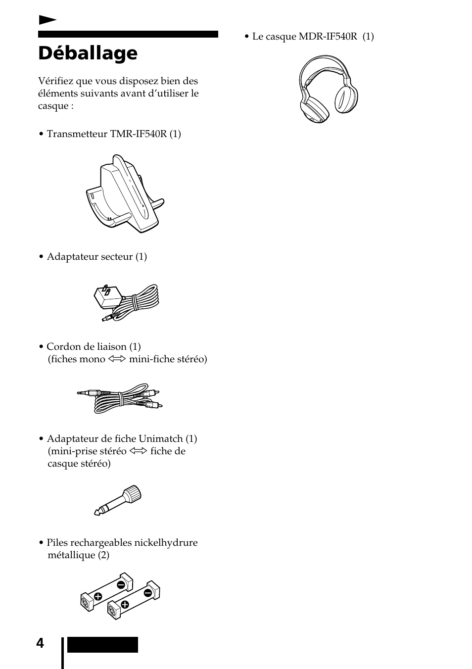 Préparatifs, Déballage, Npréparatifs | Sony MDR-IF540RK User Manual | Page 18 / 44