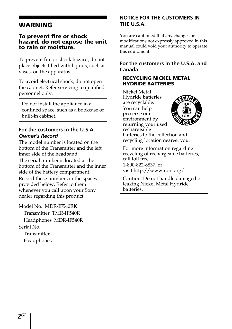 Warning | Sony MDR-IF540RK User Manual | Page 2 / 44