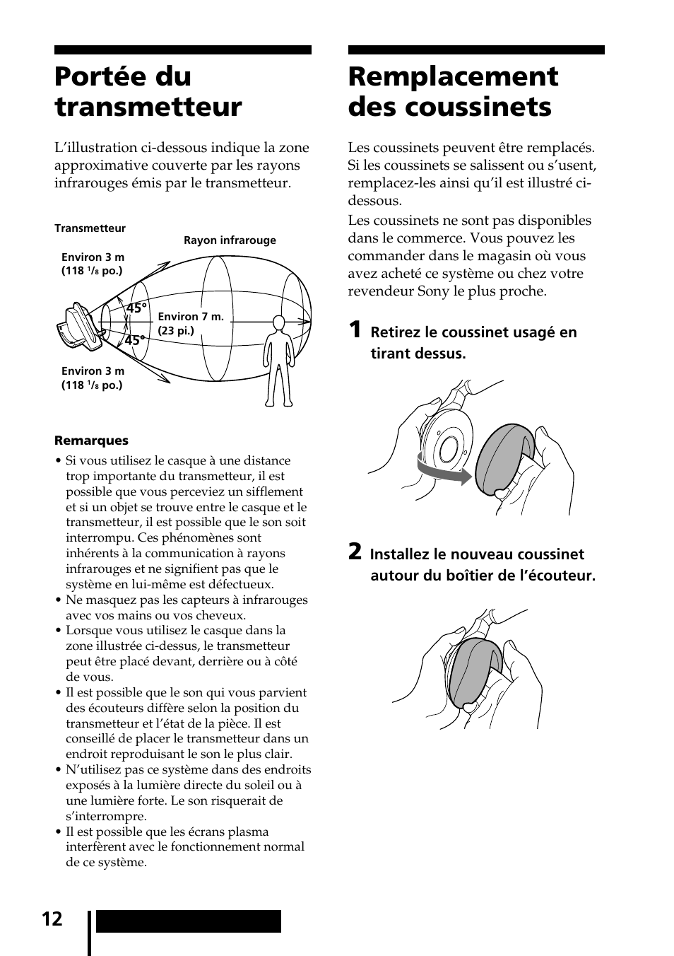 Portée du transmetteur, Remplacement des coussinets, Portée du transmetteur remplacement des coussinets | Sony MDR-IF540RK User Manual | Page 26 / 44