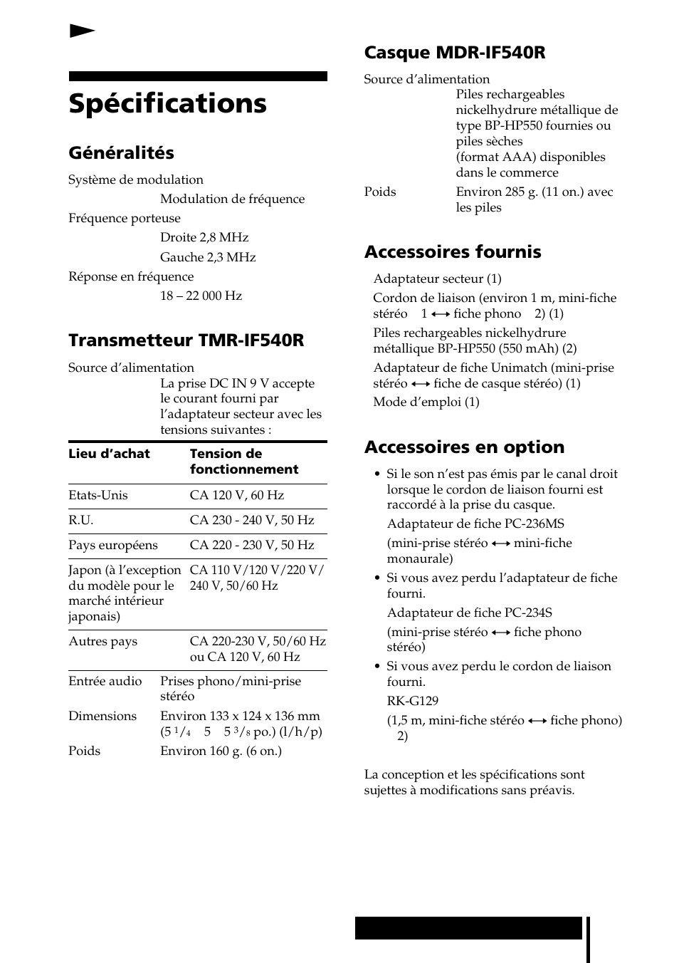 Informations complémentaires, Spécifications, Informations | Complémentaires, Ninformations complémentaires, Généralités, Transmetteur tmr-if540r, Casque mdr-if540r, Accessoires fournis, Accessoires en option | Sony MDR-IF540RK User Manual | Page 27 / 44