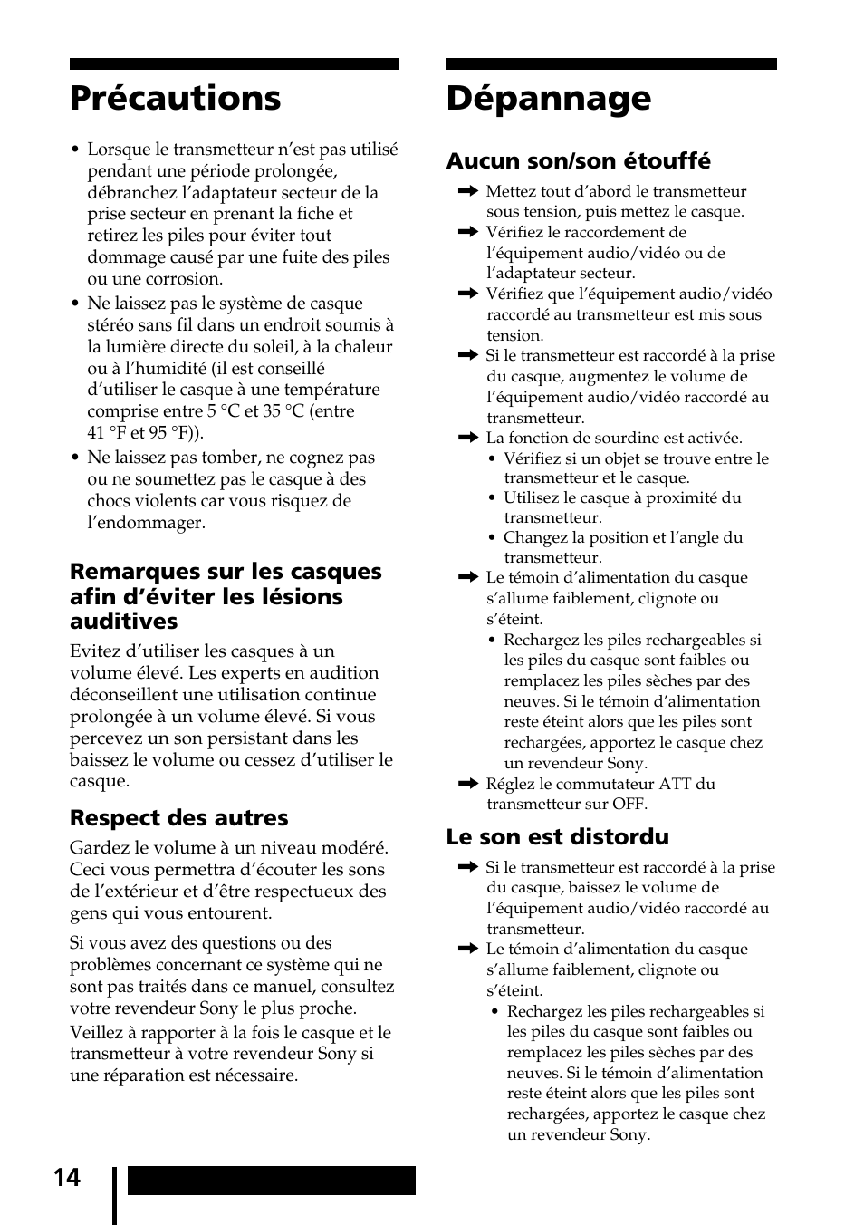 Précautions, Dépannage, Précautions dépannage | Aucun son/son étouffé, Le son est distordu, Respect des autres | Sony MDR-IF540RK User Manual | Page 28 / 44