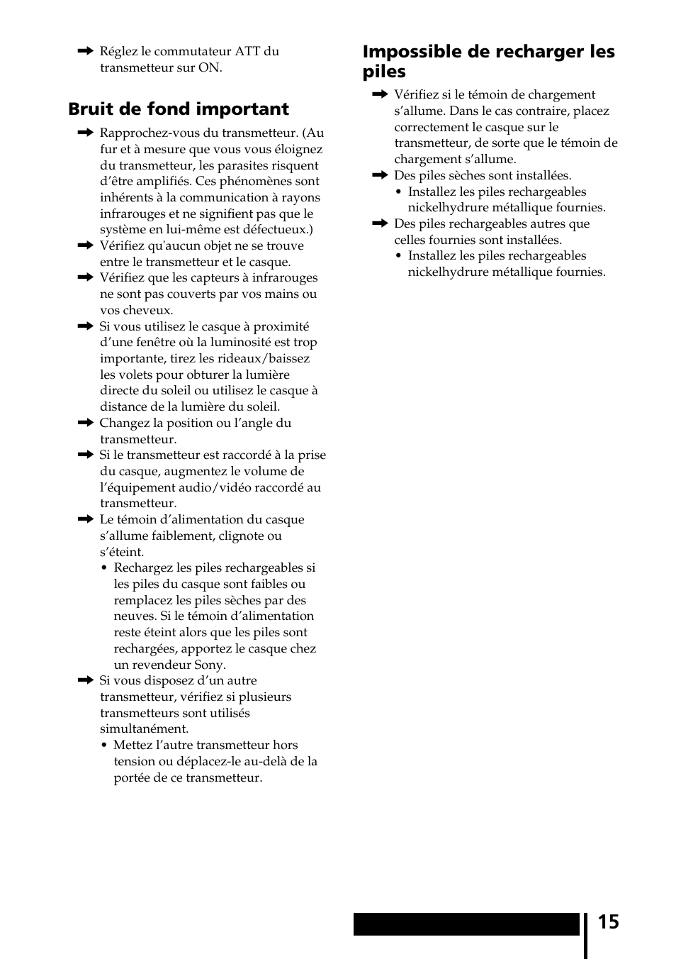 Bruit de fond important, Impossible de recharger les piles | Sony MDR-IF540RK User Manual | Page 29 / 44