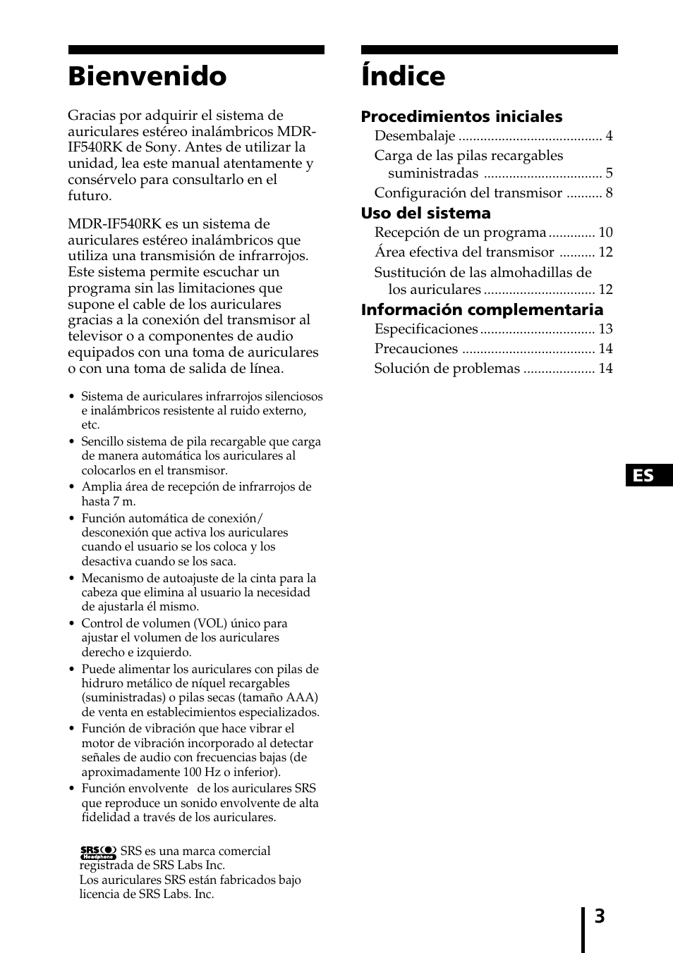 Índice, Bienvenido | Sony MDR-IF540RK User Manual | Page 31 / 44