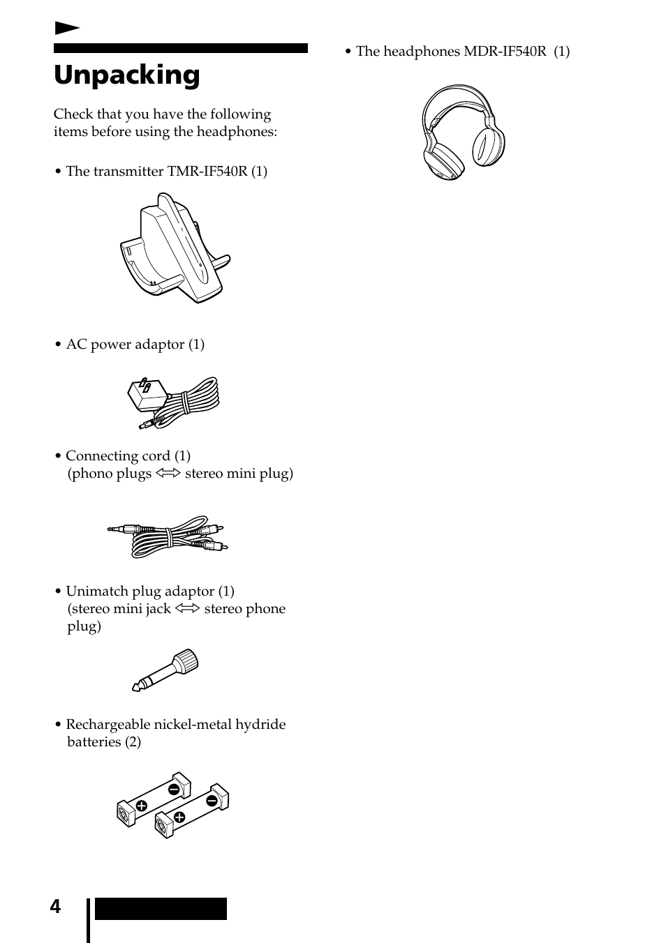 Getting started, Unpacking, Ngetting started | Sony MDR-IF540RK User Manual | Page 4 / 44