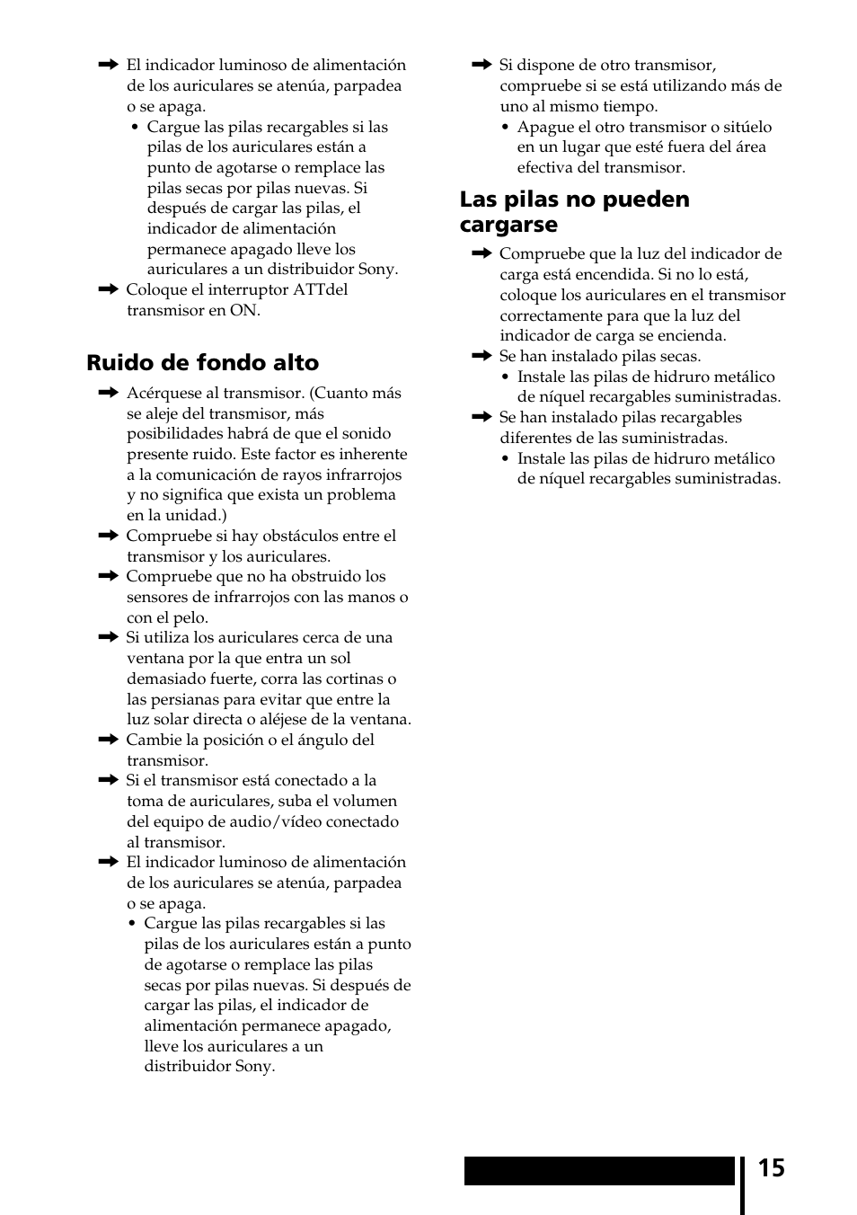 Ruido de fondo alto, Las pilas no pueden cargarse | Sony MDR-IF540RK User Manual | Page 43 / 44
