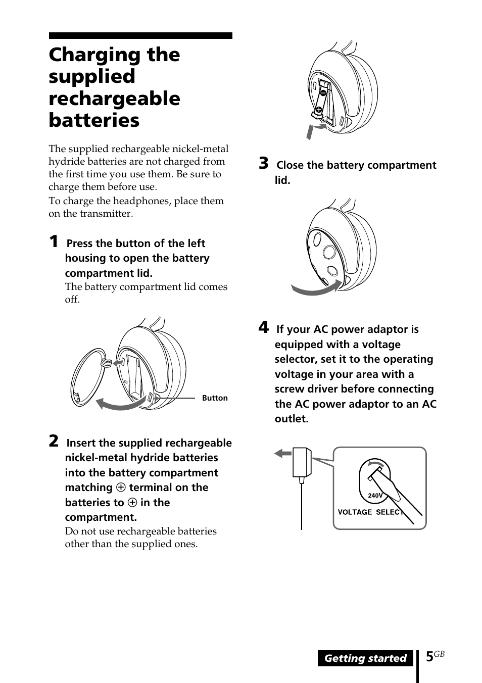 Charging the supplied rechargeable batteries, Charging the supplied rechargeable, Batteries | Sony MDR-IF540RK User Manual | Page 5 / 44