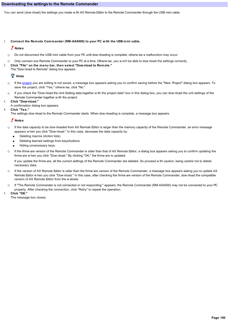 Downloading the settings to the remote commander | Sony RM-AX4000 User Manual | Page 100 / 118