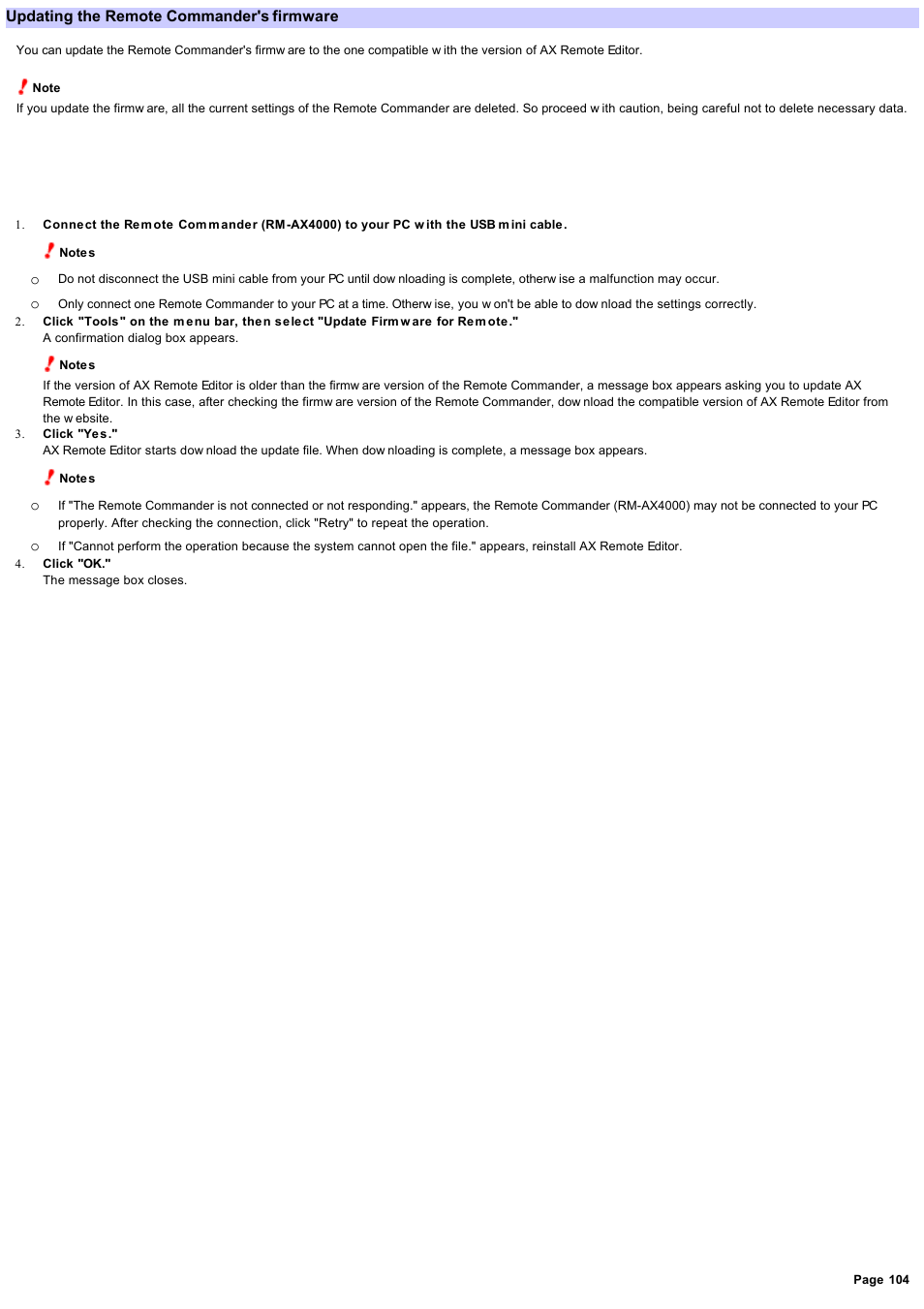 Updating the remote commander's firmware | Sony RM-AX4000 User Manual | Page 104 / 118