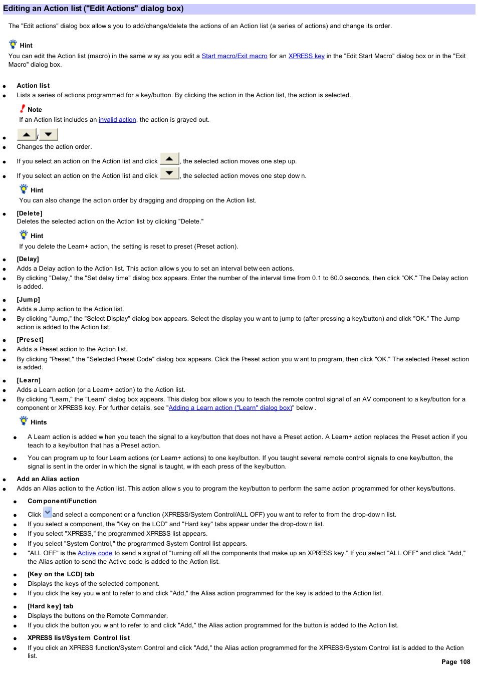 Editing an action list ("edit actions" dialog box) | Sony RM-AX4000 User Manual | Page 108 / 118