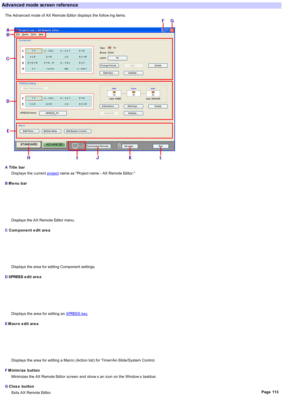 Advanced mode screen reference | Sony RM-AX4000 User Manual | Page 113 / 118