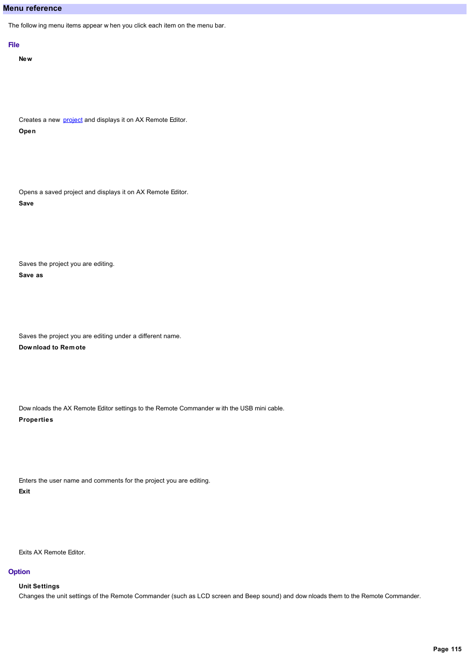 Menu reference | Sony RM-AX4000 User Manual | Page 115 / 118