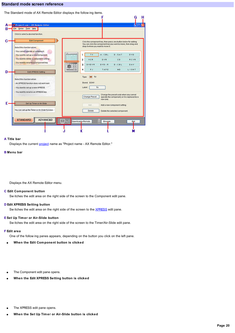 Editing in standard mode, Standard mode screen reference | Sony RM-AX4000 User Manual | Page 20 / 118