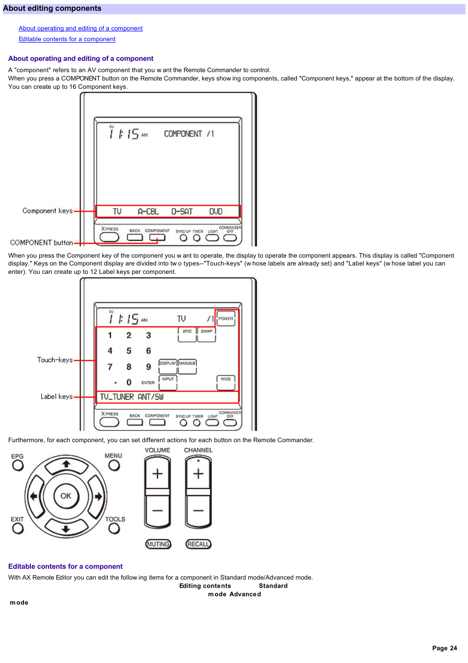 About editing components, Com pone nt | Sony RM-AX4000 User Manual | Page 24 / 118