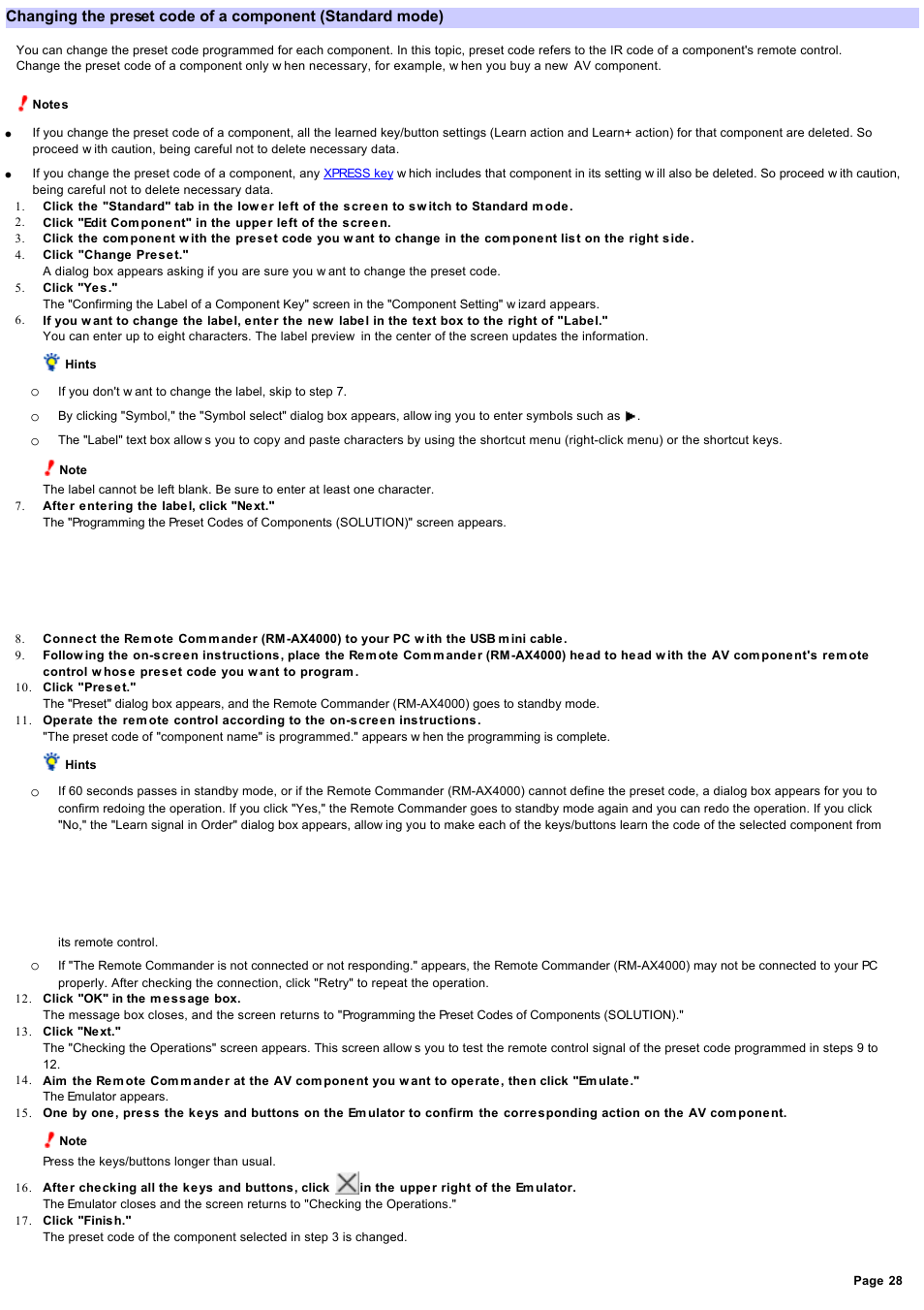 Changing the preset code of a component | Sony RM-AX4000 User Manual | Page 28 / 118