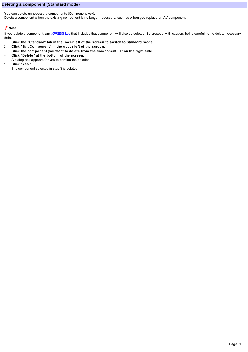 Deleting a component, Deleting a component (standard mode) | Sony RM-AX4000 User Manual | Page 30 / 118