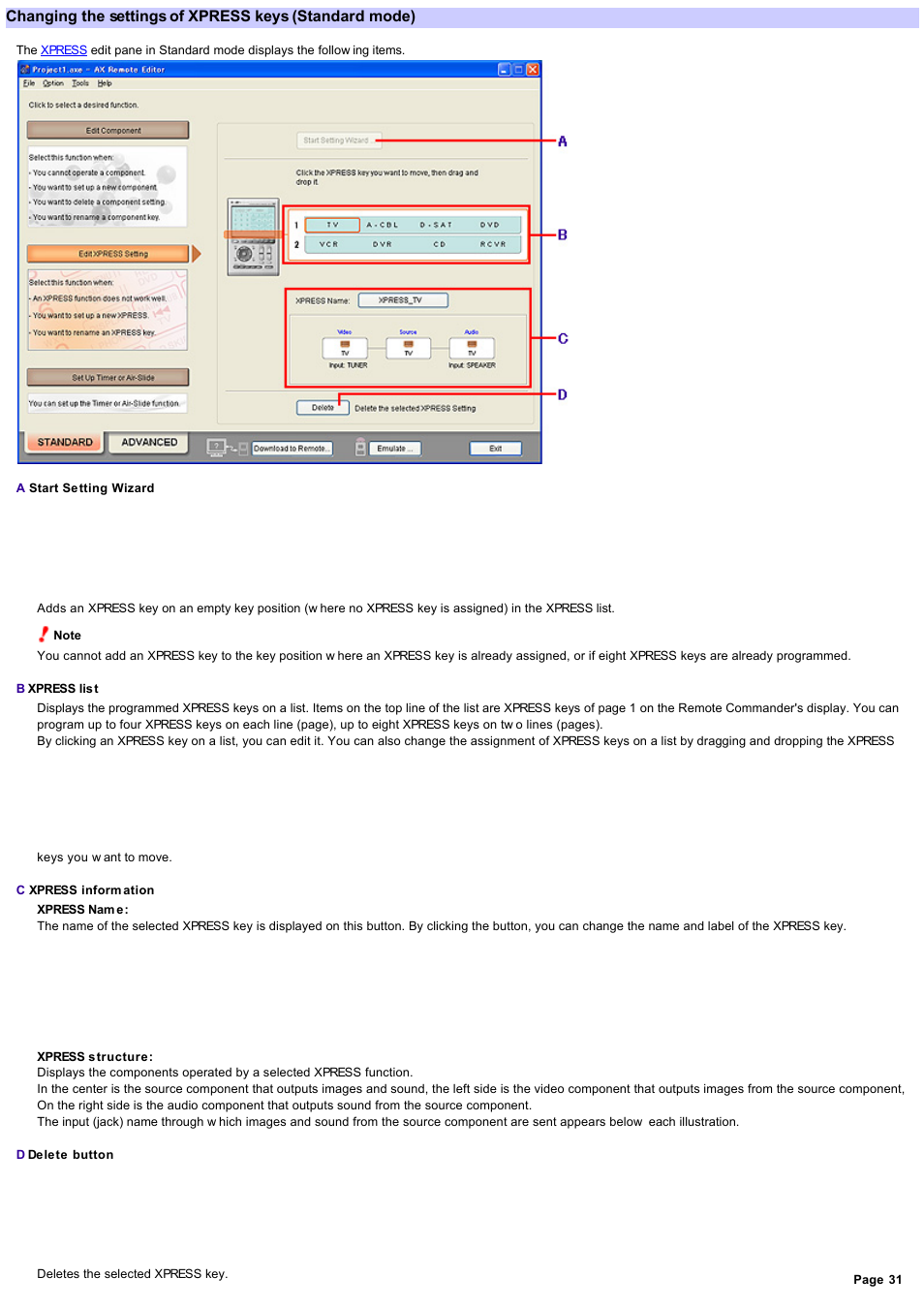 Changing the settings of xpress keys | Sony RM-AX4000 User Manual | Page 31 / 118