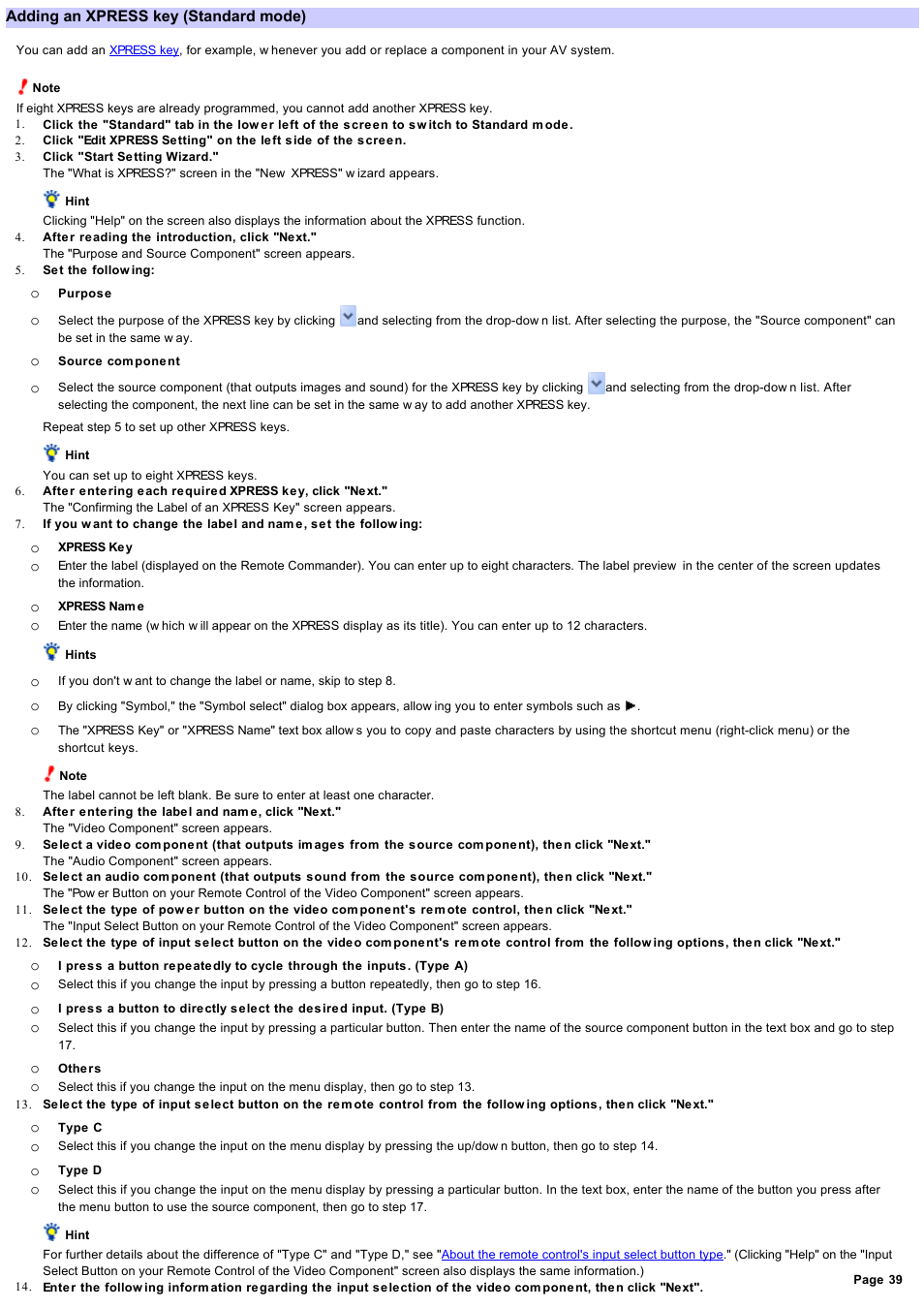 Adding an xpress key, Adding an xpress key (standard mode) | Sony RM-AX4000 User Manual | Page 39 / 118