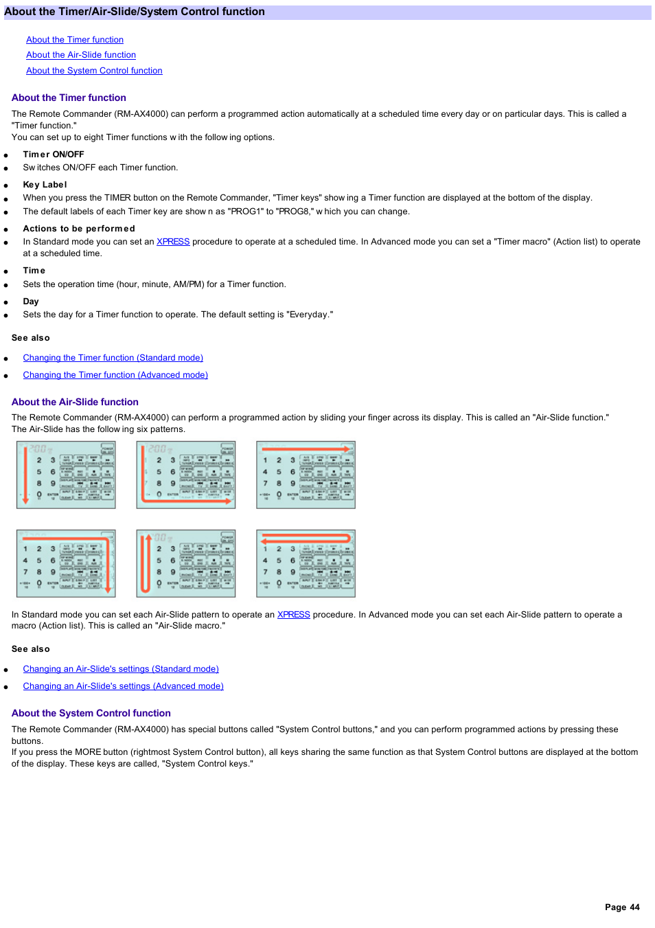 About the timer/air-slide/system control function, Timer, Air-slide functions | Tim e r, Air-slide, Sys te m control | Sony RM-AX4000 User Manual | Page 44 / 118