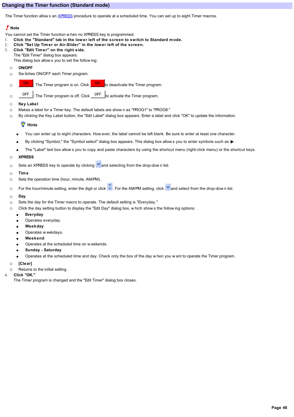 Changing the timer function, Changing the timer function (standard mode) | Sony RM-AX4000 User Manual | Page 46 / 118