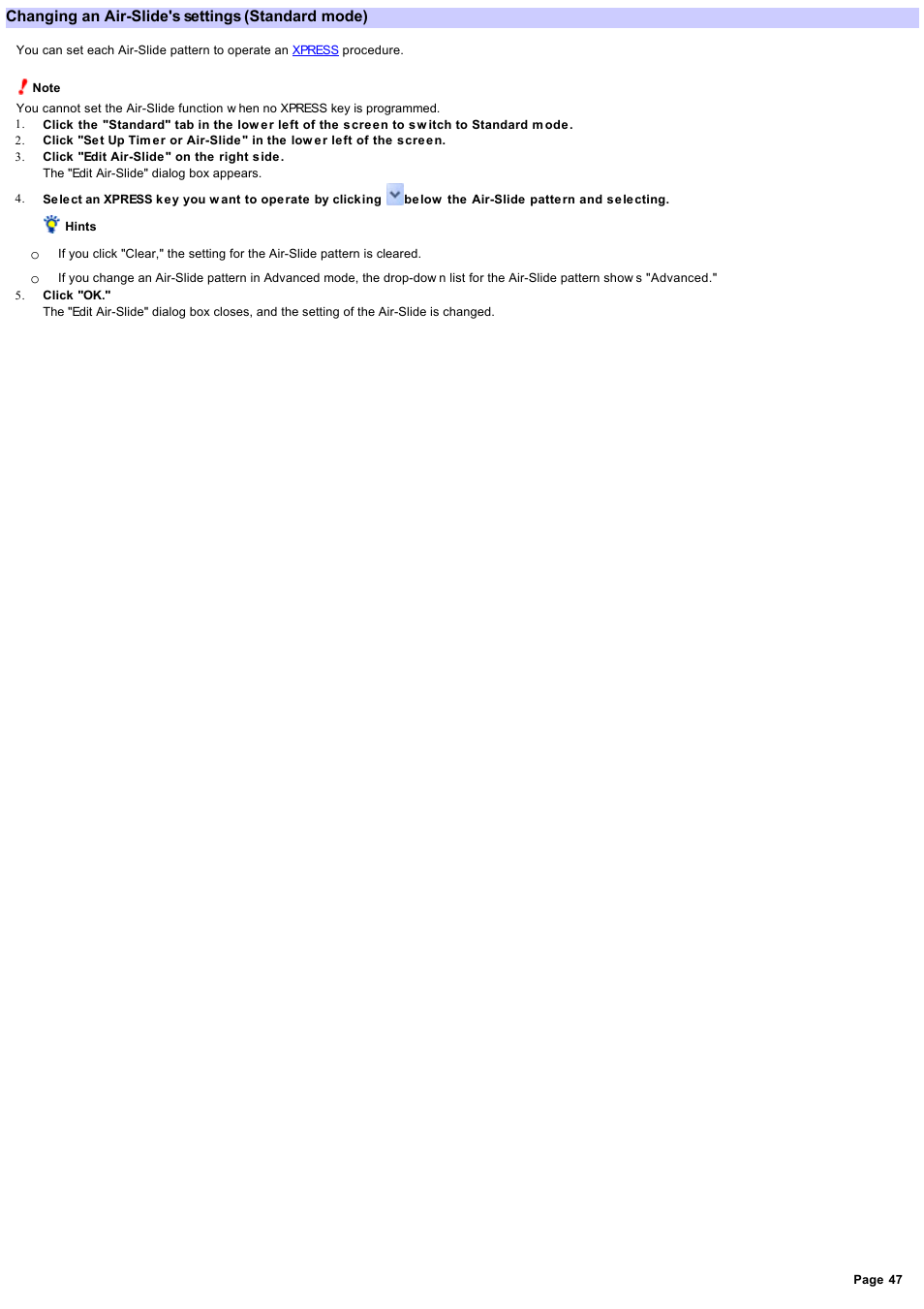 Changing an air-slide's settings, Changing an air-slide's settings (standard mode) | Sony RM-AX4000 User Manual | Page 47 / 118