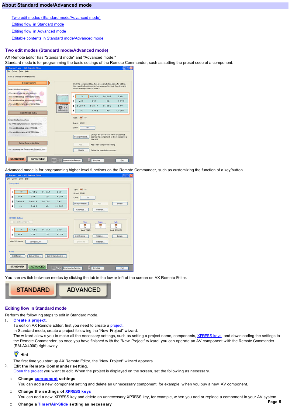 Read this before setting the remote commander, About standard mode/advanced mode | Sony RM-AX4000 User Manual | Page 5 / 118