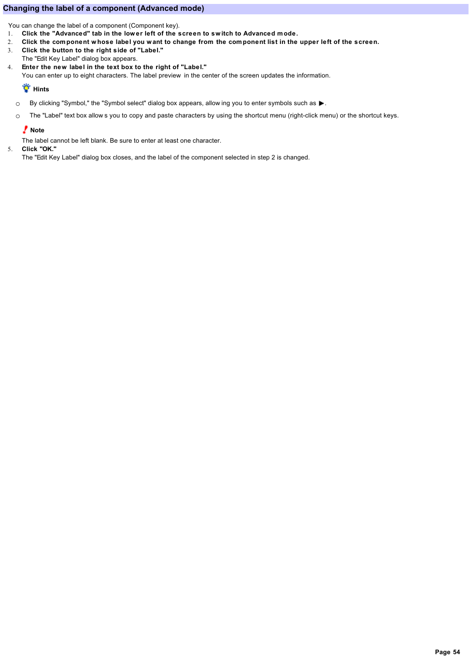 Changing the label of a component, Changing the label of a component (advanced mode) | Sony RM-AX4000 User Manual | Page 54 / 118