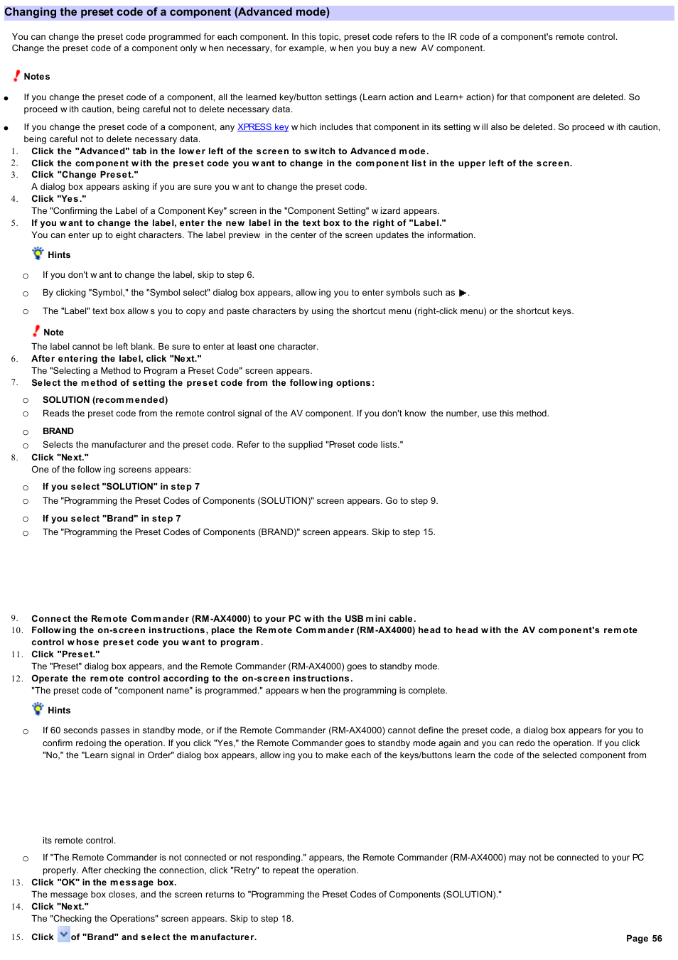 Changing the preset code of a component | Sony RM-AX4000 User Manual | Page 56 / 118