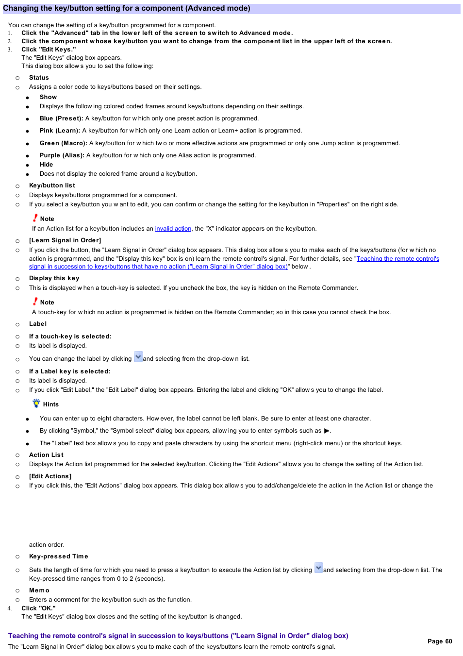 Changing the key/button setting for a component | Sony RM-AX4000 User Manual | Page 60 / 118