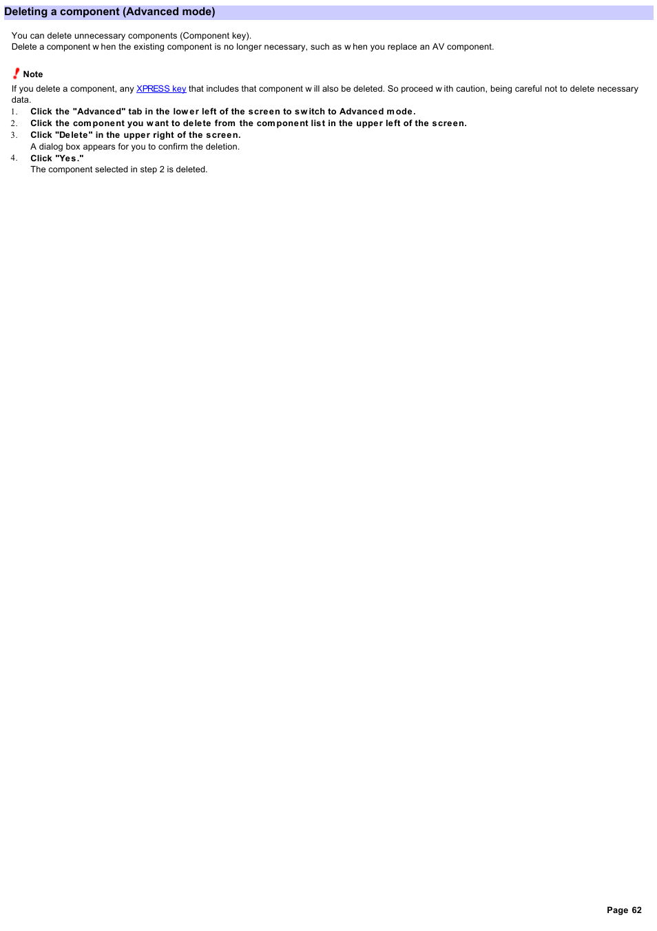 Deleting a component, Deleting a component (advanced mode) | Sony RM-AX4000 User Manual | Page 62 / 118