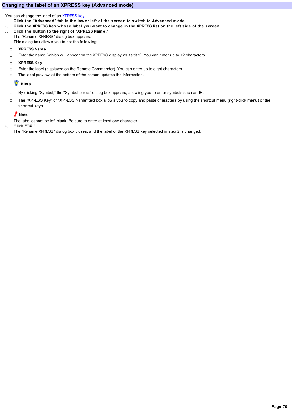 Changing the label of an xpress key | Sony RM-AX4000 User Manual | Page 70 / 118