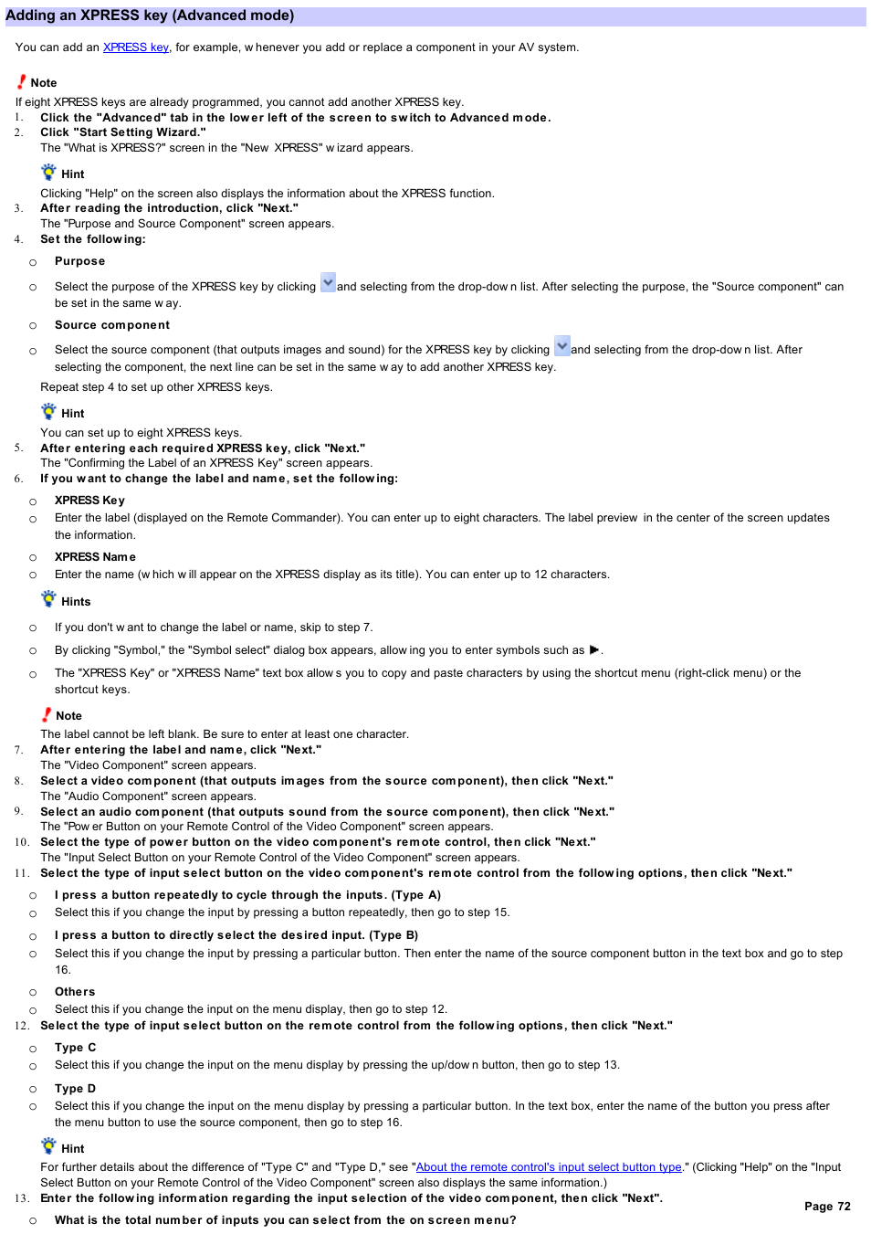Adding an xpress key, Adding an xpress key (advanced mode) | Sony RM-AX4000 User Manual | Page 72 / 118