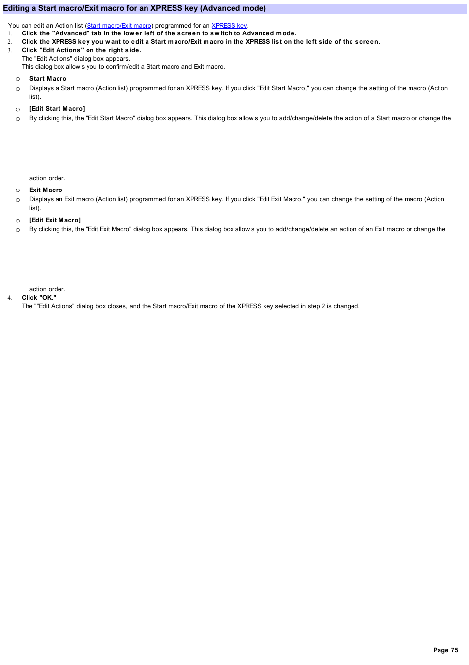 Editing a start macro/exit macro for an xpress key | Sony RM-AX4000 User Manual | Page 75 / 118