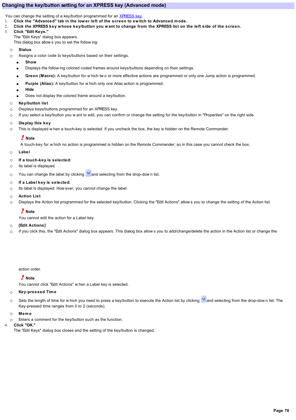 Changing the key/button setting for an xpress key | Sony RM-AX4000 User Manual | Page 76 / 118