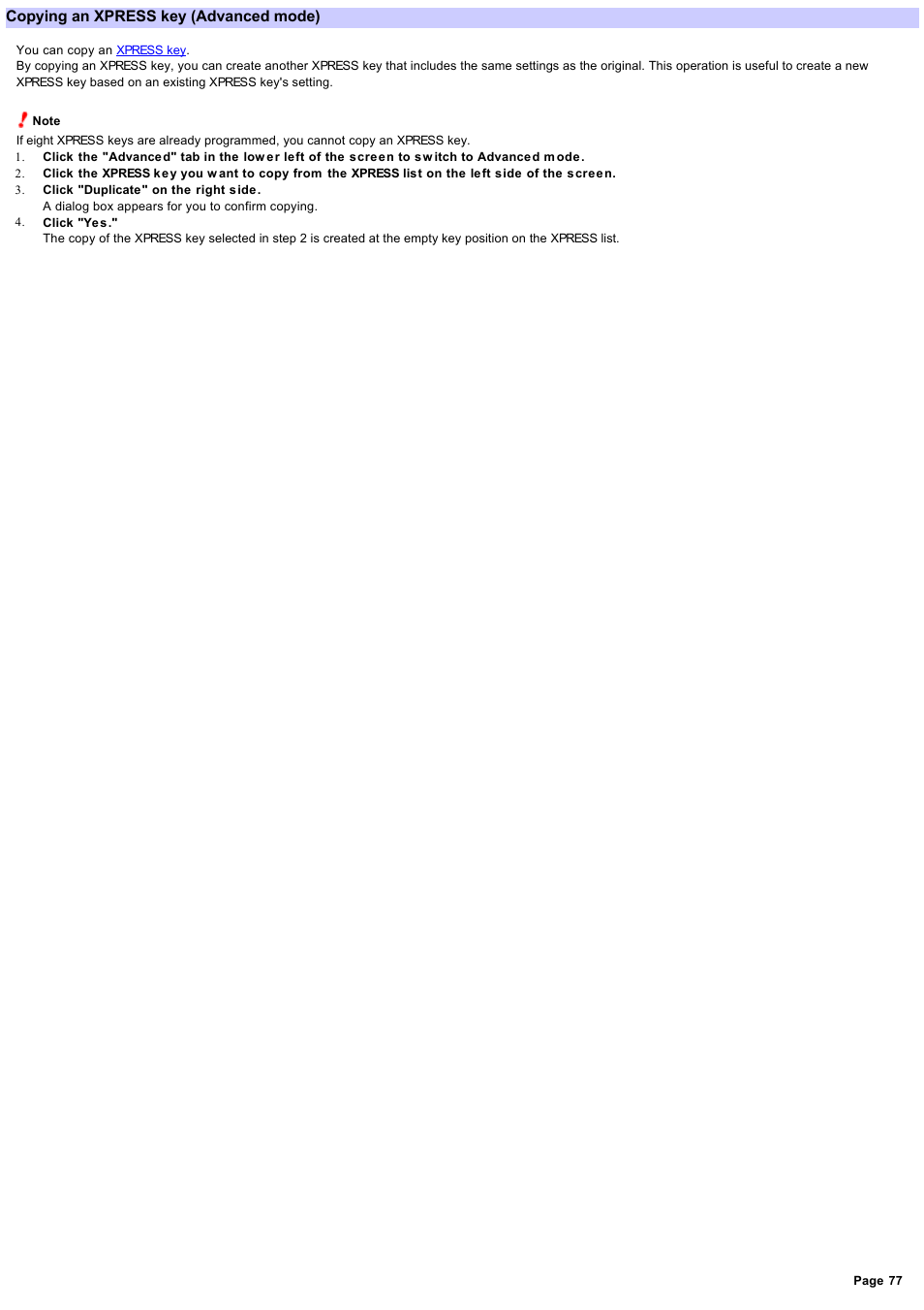 Copying an xpress key, Copying an xpress key (advanced mode) | Sony RM-AX4000 User Manual | Page 77 / 118