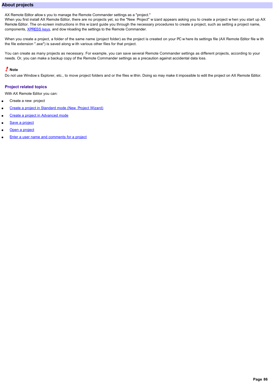 Managing projects, About projects | Sony RM-AX4000 User Manual | Page 86 / 118