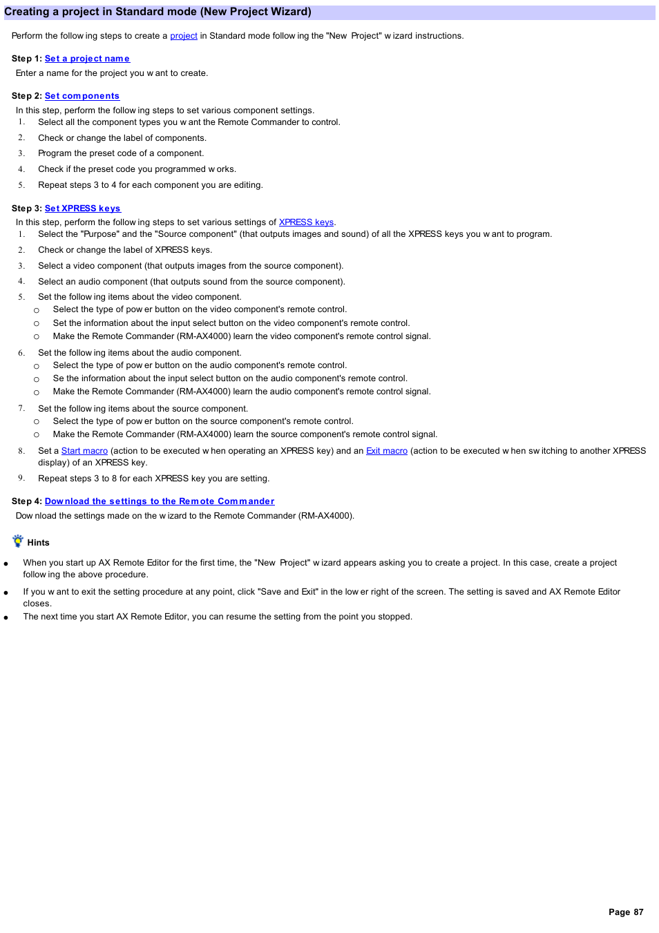 Creating a project | Sony RM-AX4000 User Manual | Page 87 / 118