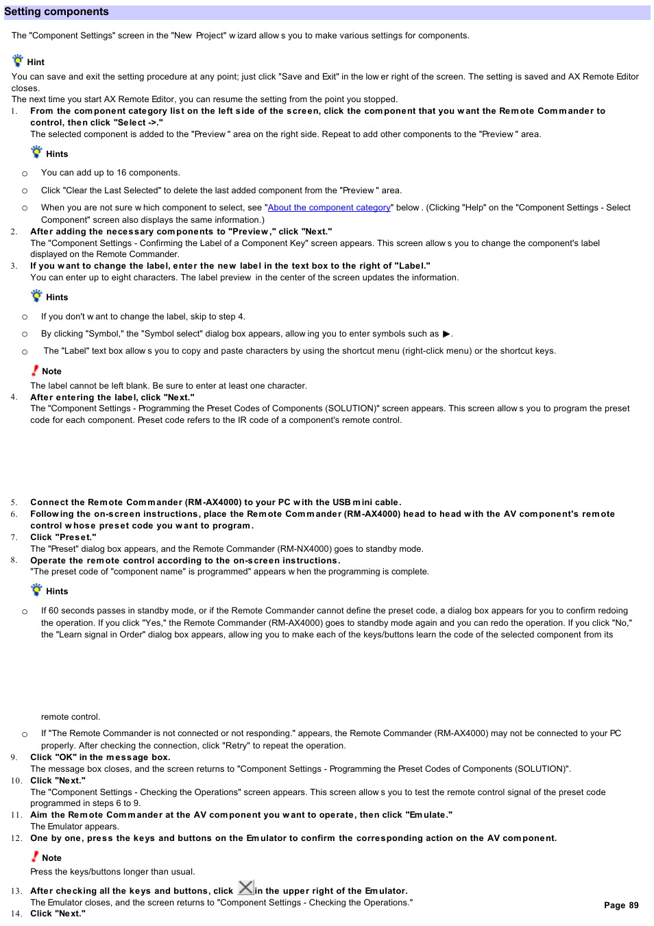 Setting components | Sony RM-AX4000 User Manual | Page 89 / 118