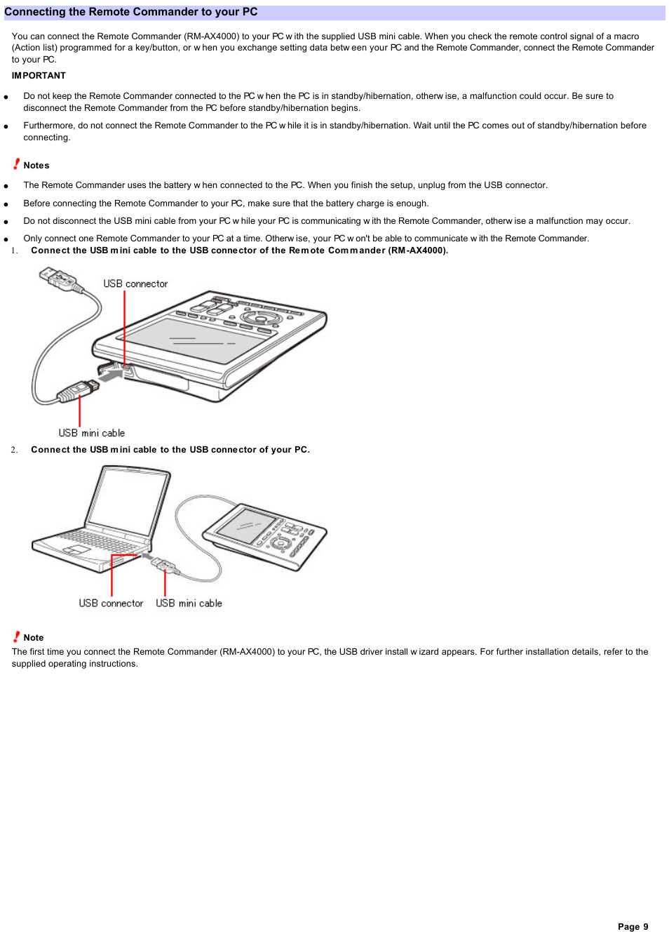 Connecting the remote commander to your pc | Sony RM-AX4000 User Manual | Page 9 / 118