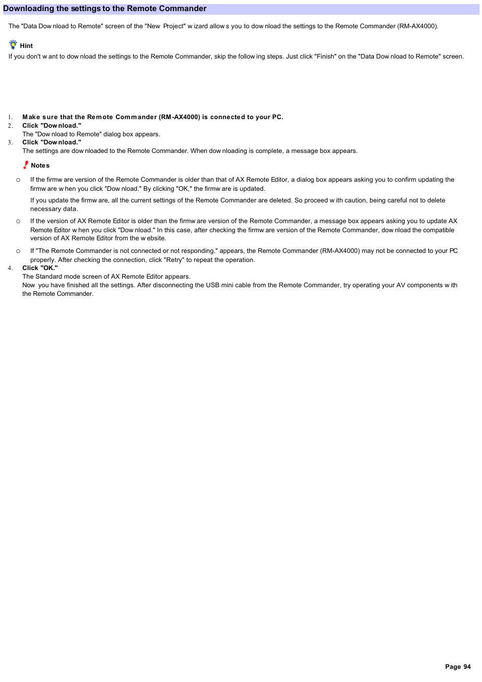 Downloading the settings to the remote commander | Sony RM-AX4000 User Manual | Page 94 / 118