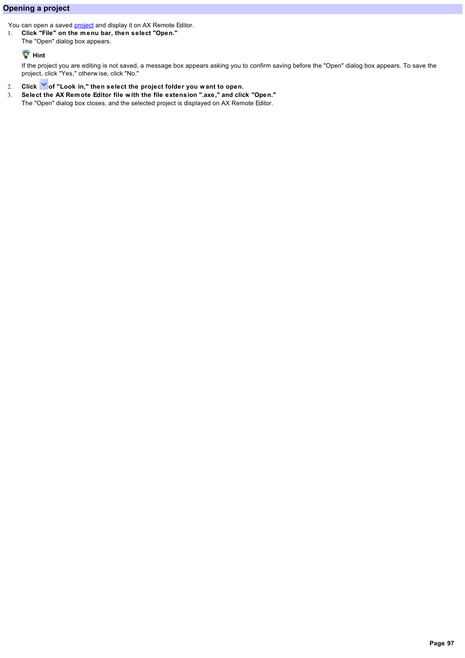 Opening a project, Open the project, You w | Open a project | Sony RM-AX4000 User Manual | Page 97 / 118