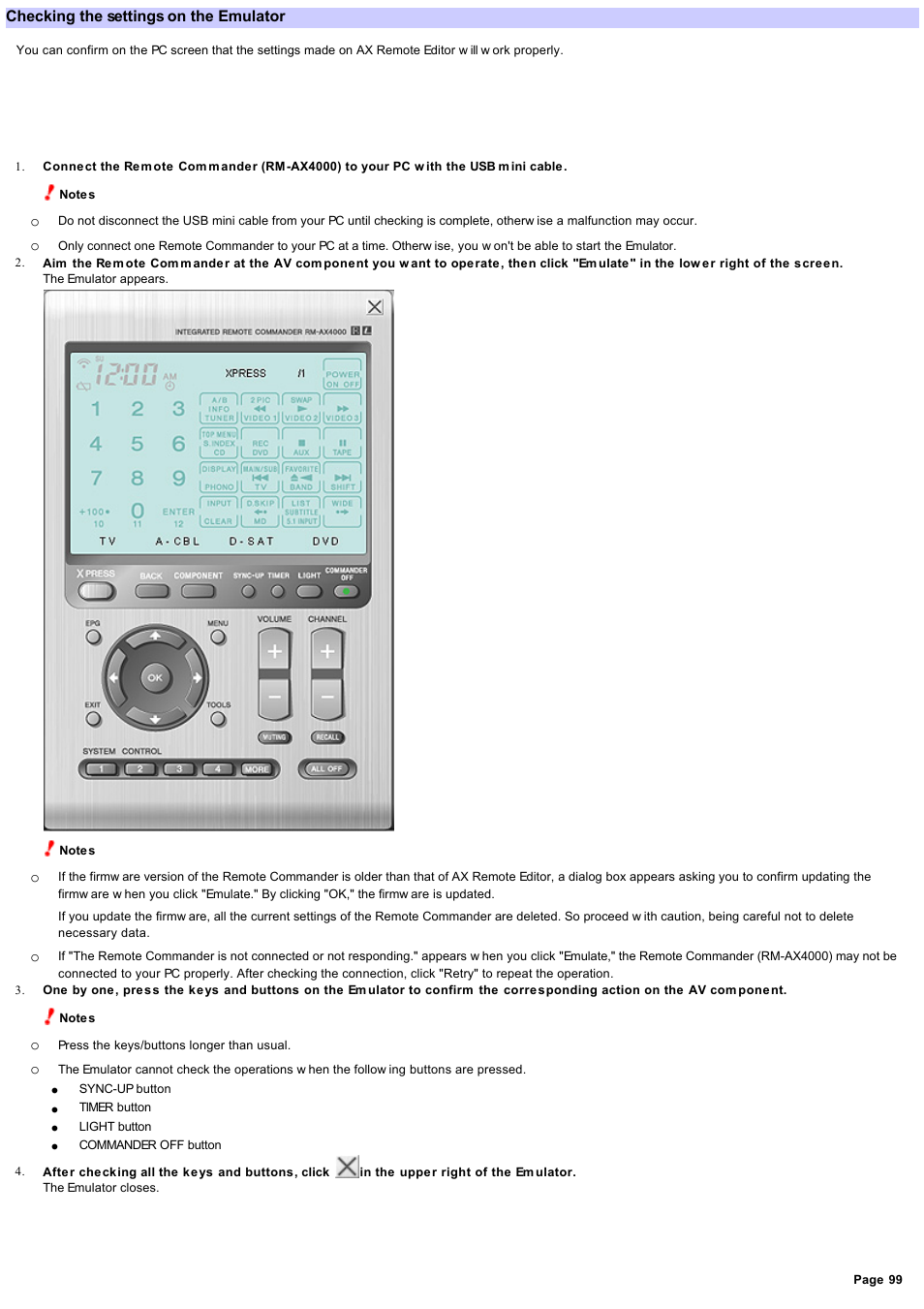 Checking the settings on the emulator, Che ck the s e tting on the em ulator | Sony RM-AX4000 User Manual | Page 99 / 118