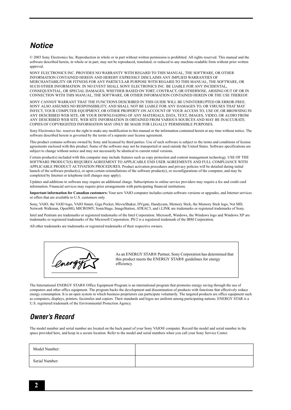 Notice, Owner’s record | Sony PCV-RZ20CP User Manual | Page 2 / 64