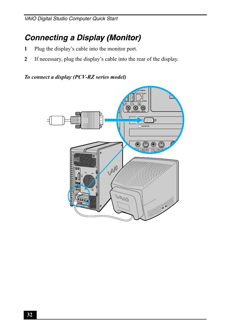 Connecting a display (monitor) y (monitor) | Sony PCV-RZ20CP User Manual | Page 32 / 64