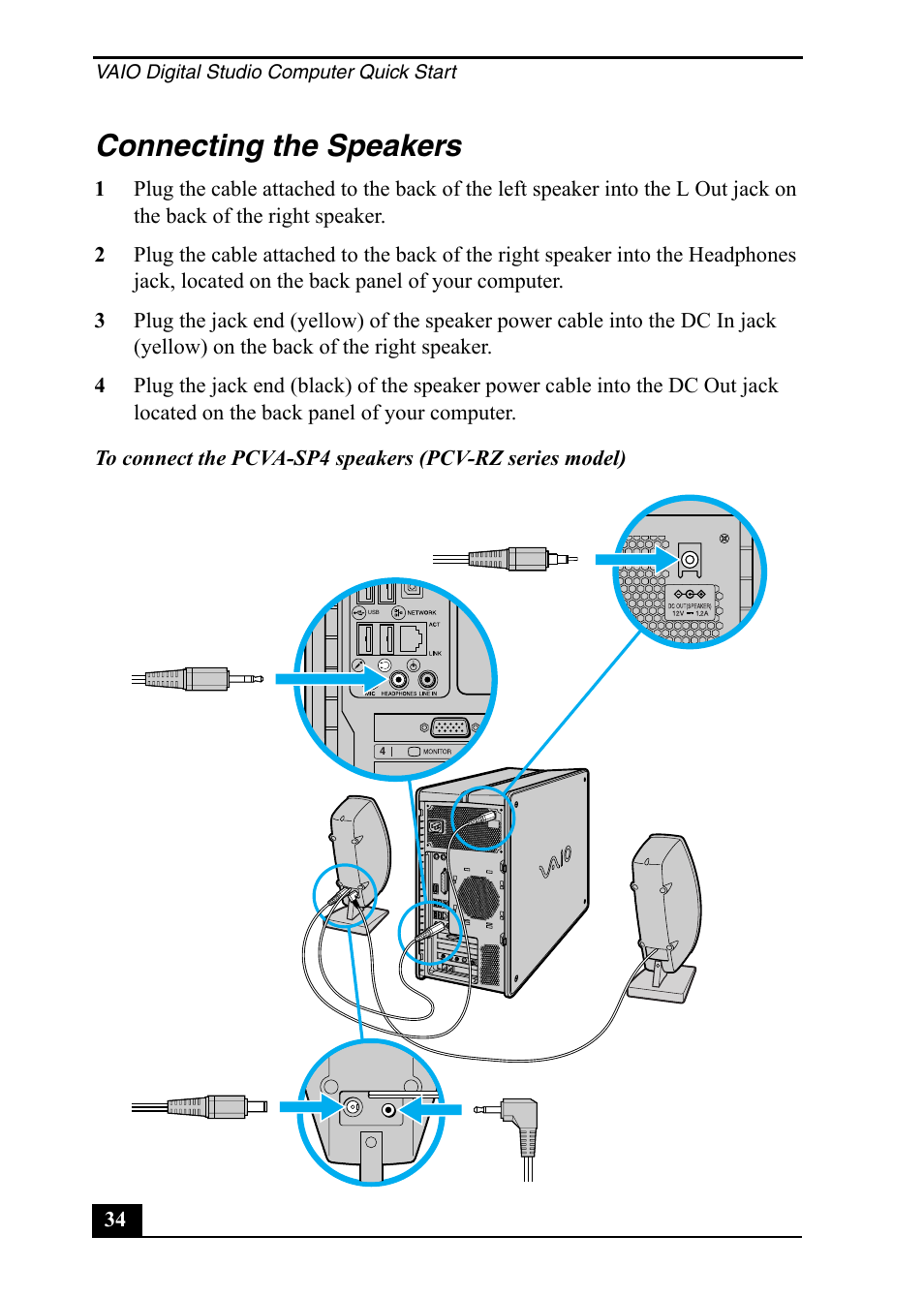 Connecting the speakers | Sony PCV-RZ20CP User Manual | Page 34 / 64