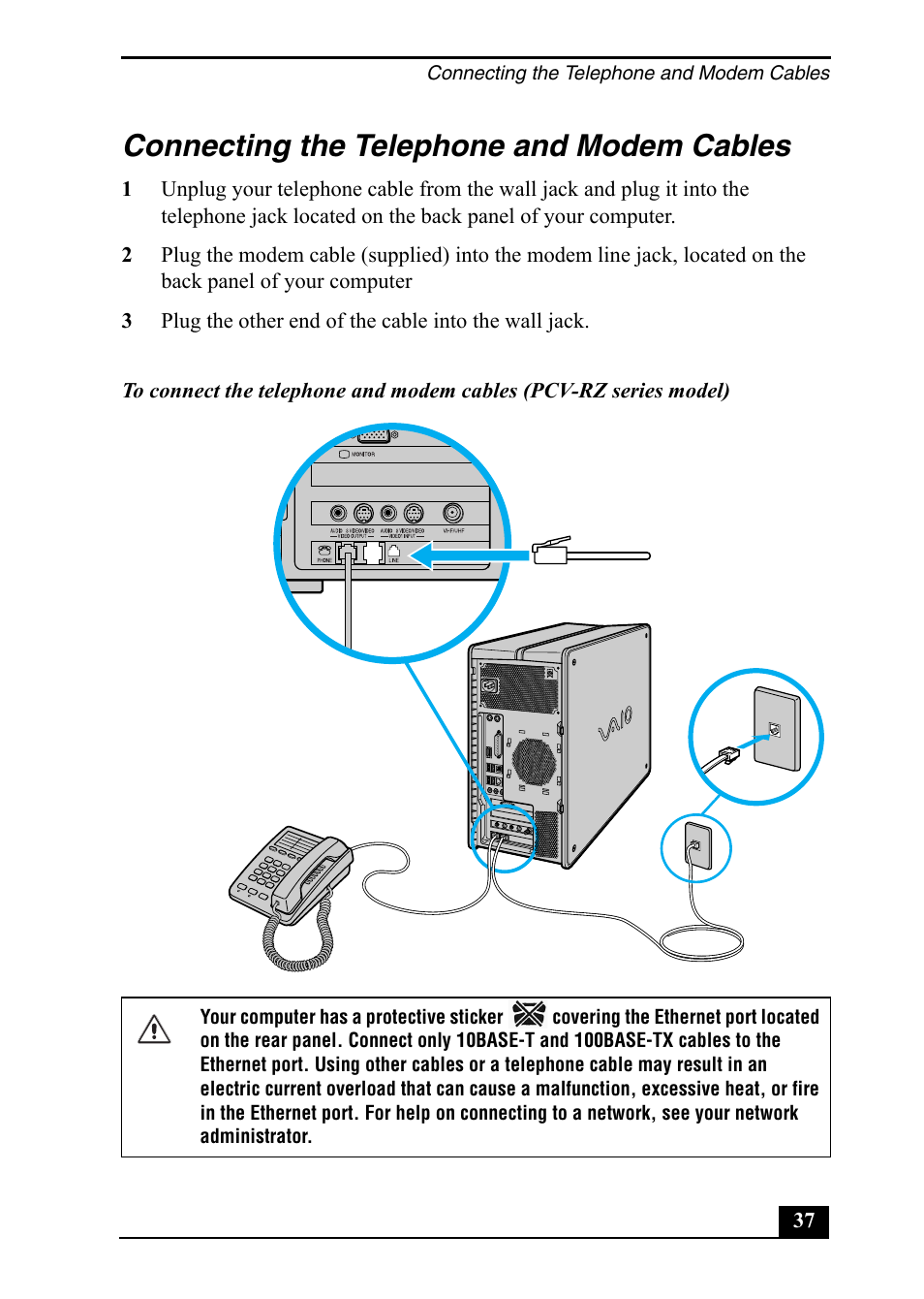 Connecting the telephone and modem cables | Sony PCV-RZ20CP User Manual | Page 37 / 64