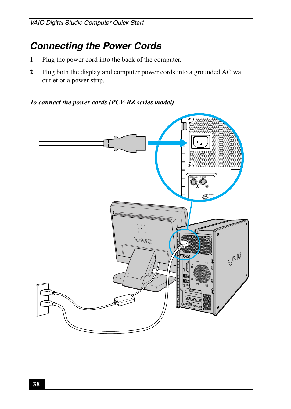 Connecting the power cords | Sony PCV-RZ20CP User Manual | Page 38 / 64