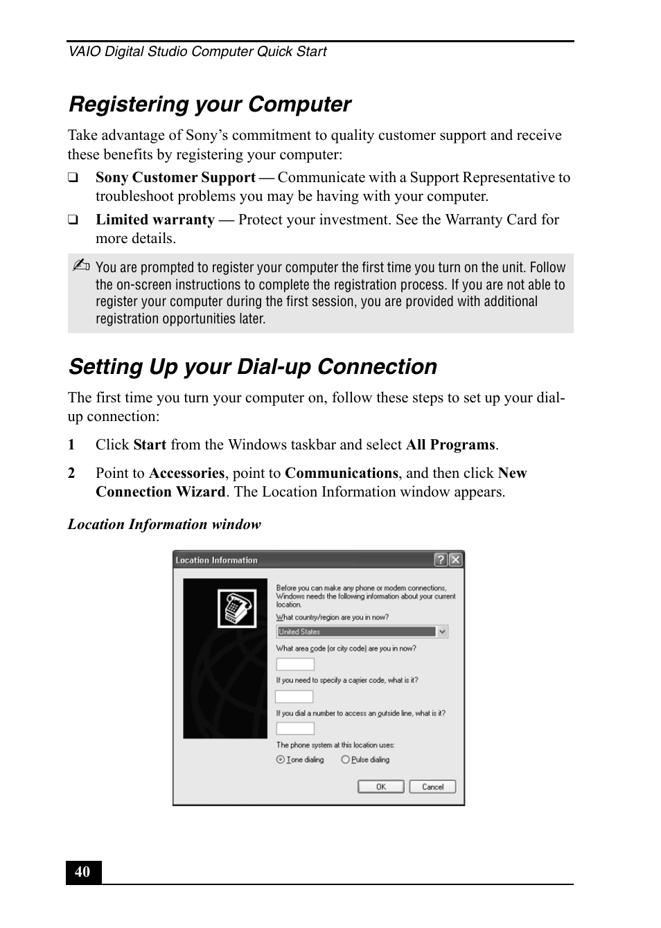 Registering your computer, Setting up your dial-up connection | Sony PCV-RZ20CP User Manual | Page 40 / 64